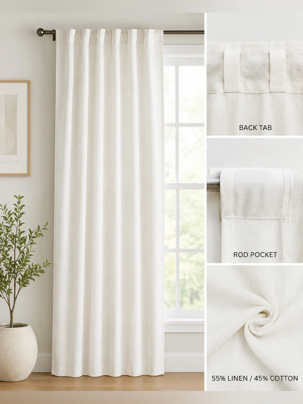 West Elm Linen Cotton Curtain Panel 48x96 White Rod Pocket Back Tab